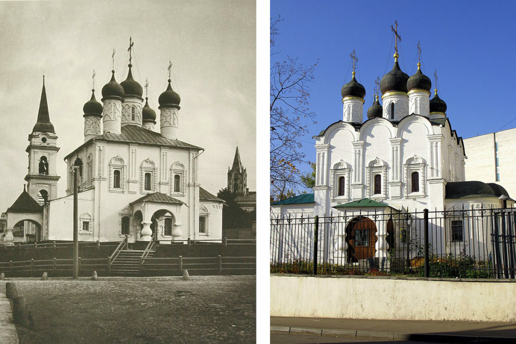 Храм святого равноапостольного князя Владимира в Старых Садех (в Старосадском переулке). Слева – из альбома Николая Найдёнова, 1881 год, справа – современный вид