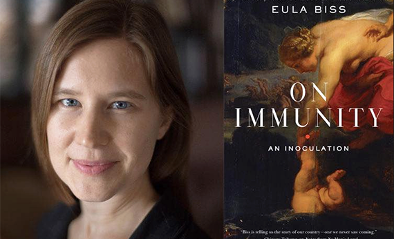 Портрет Эулы Бисс с изображением ее книги "Об иммунитете"
