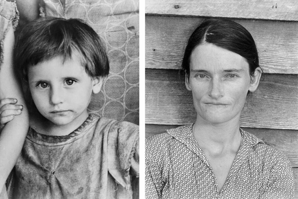 Слева – Лаура Минни Ли Тингл. Справа – портрет Элли Мэй Берроуз, работы Уокера Эванса, ставший символом Великой депрессии
