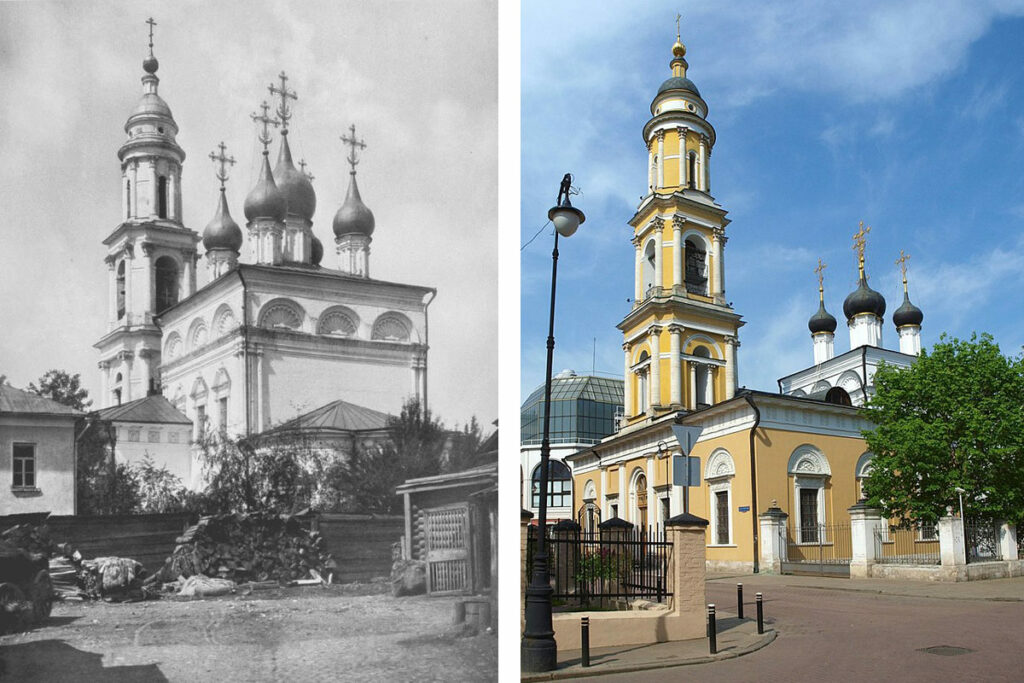 Храм Святителя Николая в Толмачах.  Слева – в 1883 году. Фотография из альбома Николая Найденова, справа – современный вид