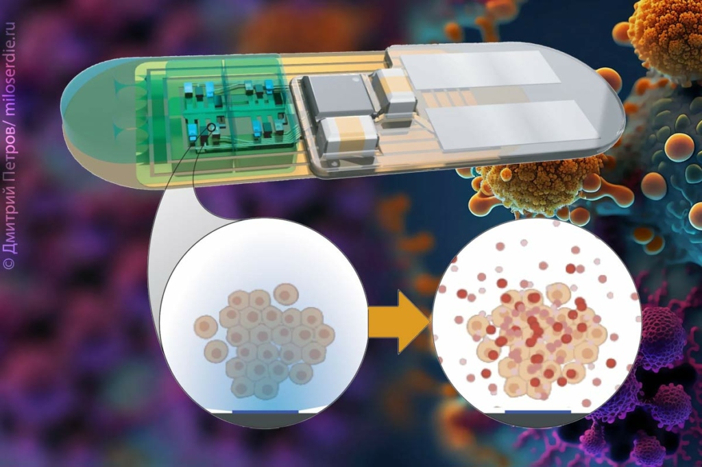 Крупным планом показан имплантат NTRAIN, на котором видны его внутренние клеточные фабрики, которые при активации светом производят точно дозированные пептидные препараты