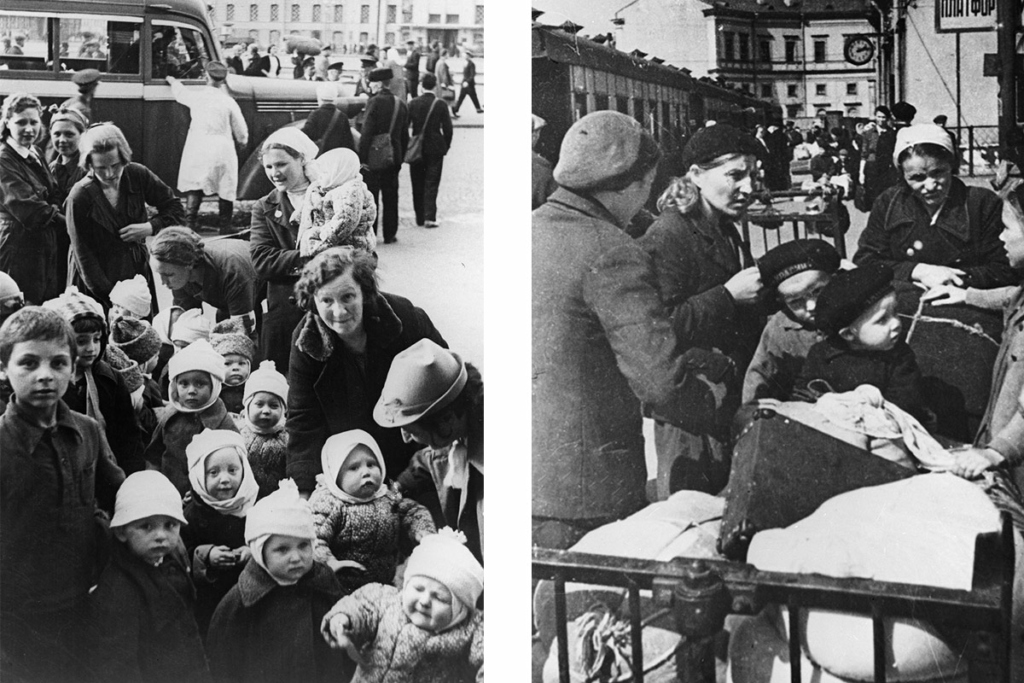 Эвакуация детей из блокадного Ленинграда. 10.09.1941 г. Фото: Всеволод Тарасевич. Справа – отправка детей в эвакуацию с Московского вокзала в Ленинграде. Фото: Борис Лосин, 05.10.1941 